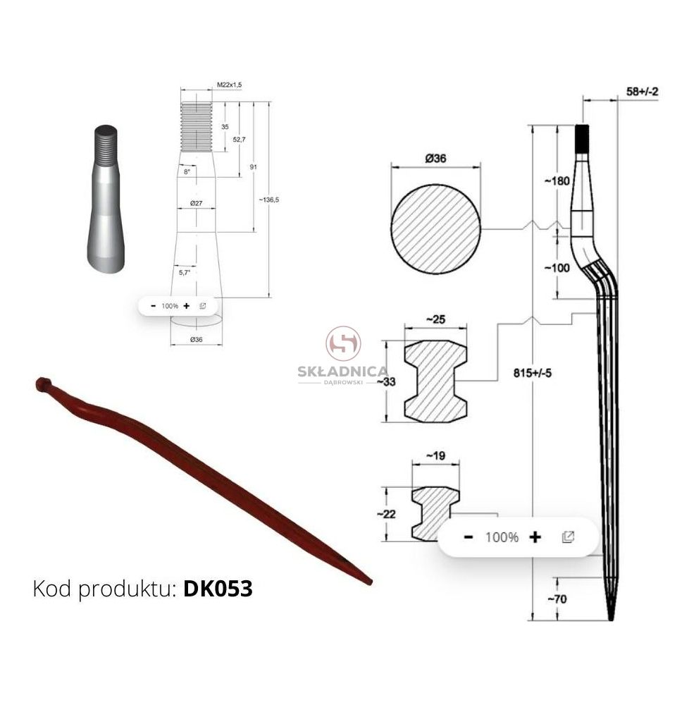 ZĄB ŁADOWACZA L- 815  M22*1,5  WYGIĘTY [DK053]