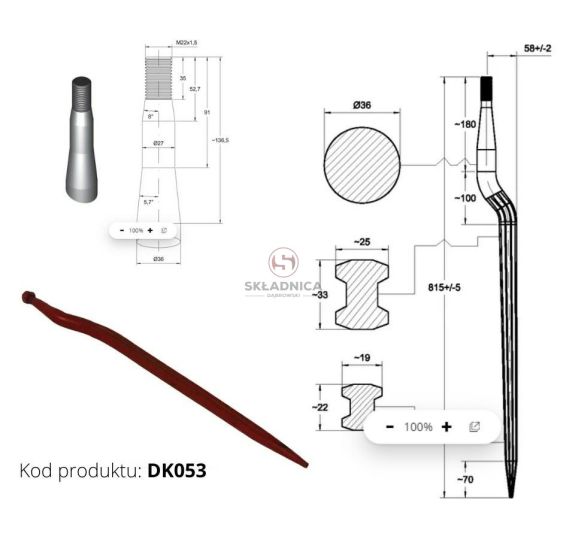 ZĄB ŁADOWACZA L- 815  M22*1,5  WYGIĘTY [DK053]